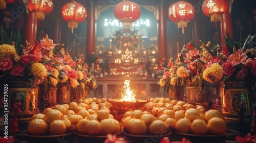 Oranges, flowers, and candles in a temple, offering ceremony. photo