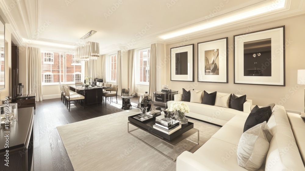 Luxurious open-plan living room with cream sofa, dark wood floors, and large windows. Luxurious open-plan living room with cream sofa, dark wood floors, and large windows.