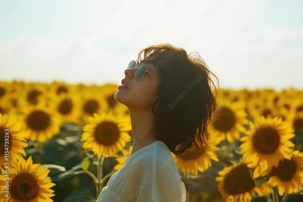 A woman in sunglasses stands amidst a vibrant sunflower field, enjoying the sunny atmosphere. A woman in sunglasses stands amidst a vibrant sunflower field, enjoying the sunny atmosphere.