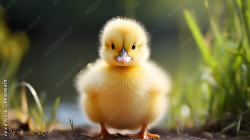Adorable Innocence: Close-Up Portrait of a Single Yellow Duckling in Natural Outdoor Surroundings Adorable Innocence: Close-Up Portrait of a Single Yellow Duckling in Natural Outdoor Surroundings