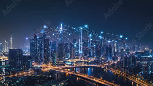 Wallpaper Mural Smart digital Innovation city with connection network reciprocity over the cityscape. of future smart wireless city and social media networking systems that connects business people with in city Torontodigital.ca