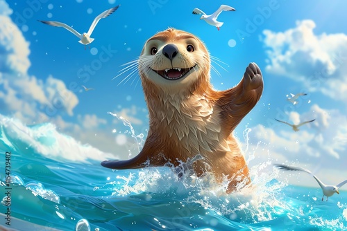 Happy otter in ocean waves, seagulls flying.