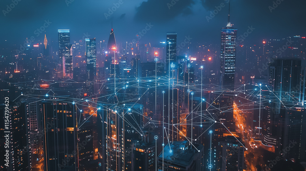 Smart digital Innovation city with connection network reciprocity over the cityscape. of future smart wireless city and social media networking systems that connects business people with in city