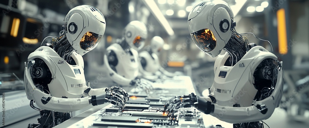 Fototapeta premium Robots assembling technology in a futuristic industrial setting.
