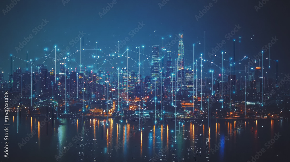 Obraz premium Smart digital Innovation city with connection network reciprocity over the cityscape. of future smart wireless city and social media networking systems that connects business people with in city