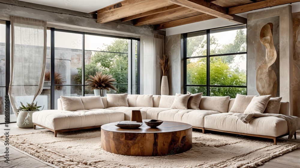 luxurious living room, floor-to-ceiling windows, panoramic nature view, modern minimalist interior, neutral color palette, plush cream sofa, wooden coffee table, abstract wall art, cozy textures, natu luxurious living room, floor-to-ceiling windows, panoramic nature view, modern minimalist interior, neutral color palette, plush cream sofa, wooden coffee table, abstract wall art, cozy textures, natu