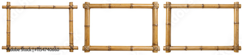 Three bamboo picture frames with different designs isolated with transparent background