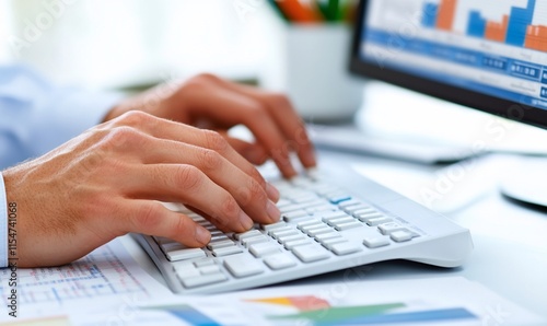 Close-up of hands typing on a keyboard, analyzing data on a computer screen.