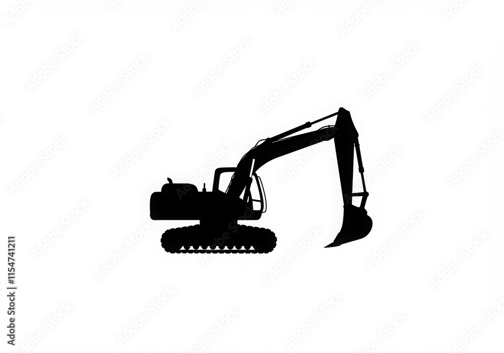 Black and white icon, excavator silhouette, construction equipment, heavy machinery Black and white icon, excavator silhouette, construction equipment, heavy machinery