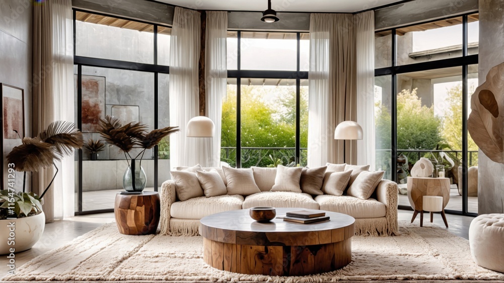 Fototapeta premium luxurious living room, floor-to-ceiling windows, panoramic nature view, modern minimalist interior, neutral color palette, plush cream sofa, wooden coffee table, abstract wall art, cozy textures, natu
