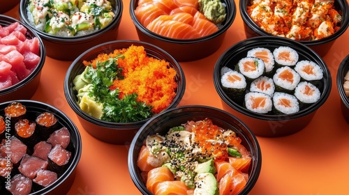 Assorted delicious sushi bowls & rolls. Perfect for restaurant menus, food blogs, and culinary websites.