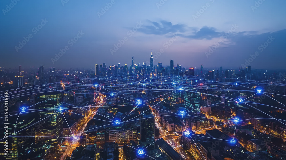 Obraz premium Smart digital Innovation city with connection network reciprocity over the cityscape. of future smart wireless city and social media networking systems that connects business people with in city