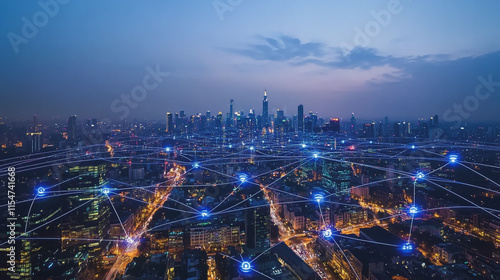 Wallpaper Mural Smart digital Innovation city with connection network reciprocity over the cityscape. of future smart wireless city and social media networking systems that connects business people with in city Torontodigital.ca