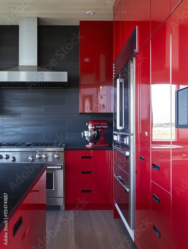 Modern Red Kitchen Design With Stainless Steel Appliances photo