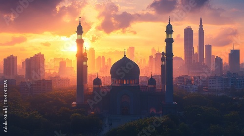 Majestic mosque silhouette at sunrise, city skyline backdrop. photo