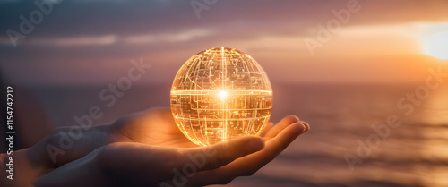 A hand holding a digital tablet, camera, and computer, set against a glowing globe in space, symbolizing technology, communication, and the interconnected world photo