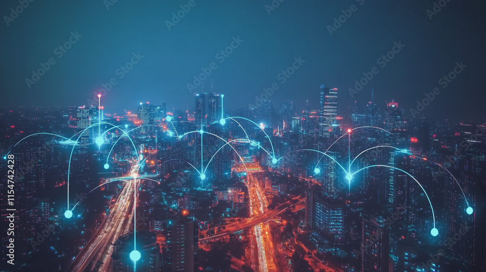Obraz premium Smart digital Innovation city with connection network reciprocity over the cityscape. of future smart wireless city and social media networking systems that connects business people with in city