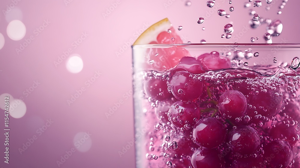 Close-Up 3D Rendered Image of Grapes Being Squeezed with Bubbles and Sparkling Water Splashing Against a Soft Blurred Background with Bokeh Effect Close-Up 3D Rendered Image of Grapes Being Squeezed with Bubbles and Sparkling Water Splashing Against a Soft Blurred Background with Bokeh Effect
