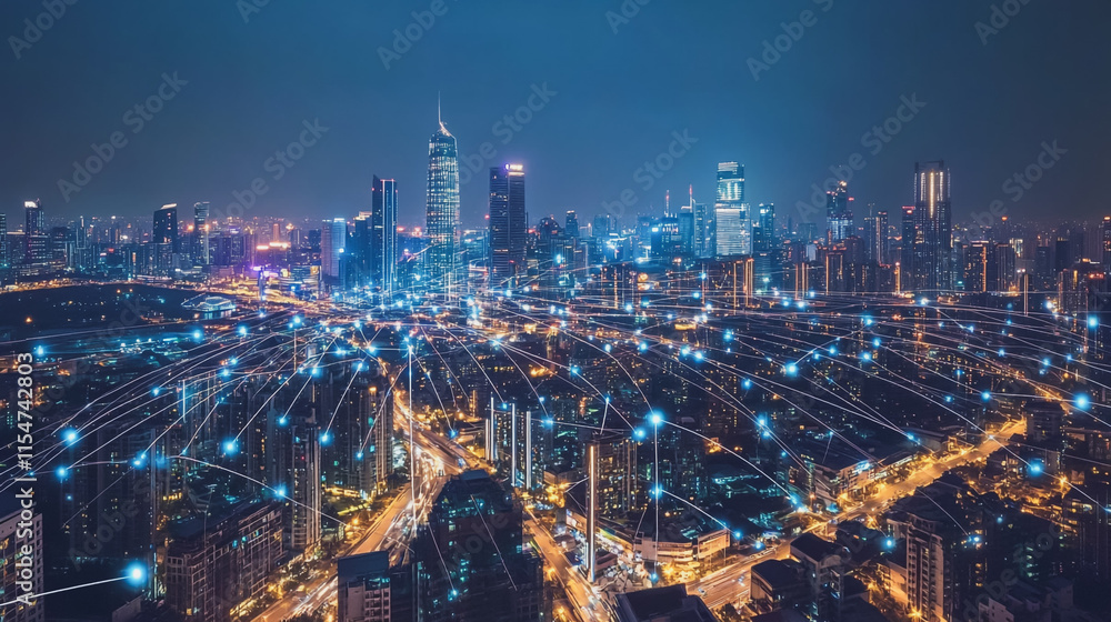 Fototapeta premium Smart digital Innovation city with connection network reciprocity over the cityscape. of future smart wireless city and social media networking systems that connects business people with in city