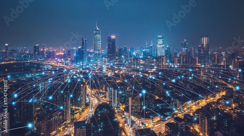 Wallpaper Mural Smart digital Innovation city with connection network reciprocity over the cityscape. of future smart wireless city and social media networking systems that connects business people with in city Torontodigital.ca