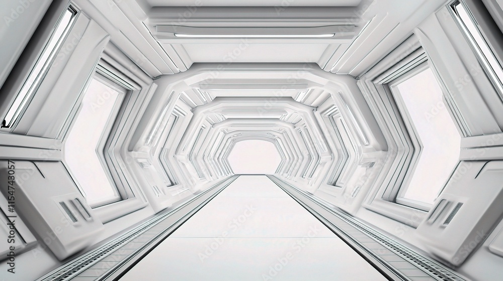 Obraz premium Modern Empty Long Corridor with White Background and Bright Light