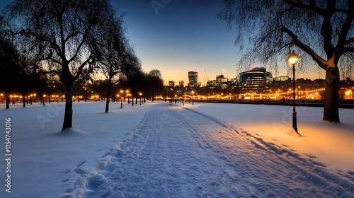 Snowy London Park at Dusk, City Skyline in the Background