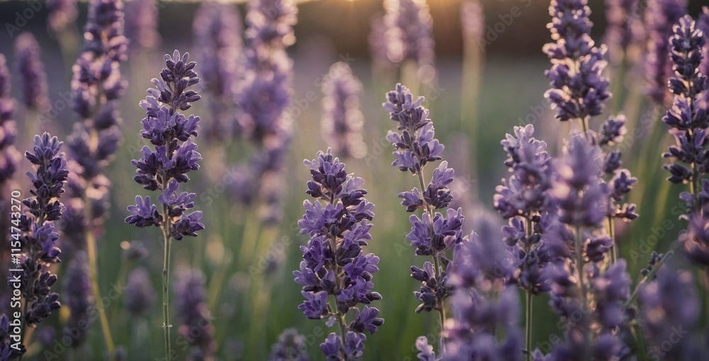 Obraz premium Banner with soft focused Lavender flowers at sunset Blooming Violet fragrant lavender flower summer landscape Growing Lavender, harvest, perfume ingredient, aromatherapy Lavender field lit by see more