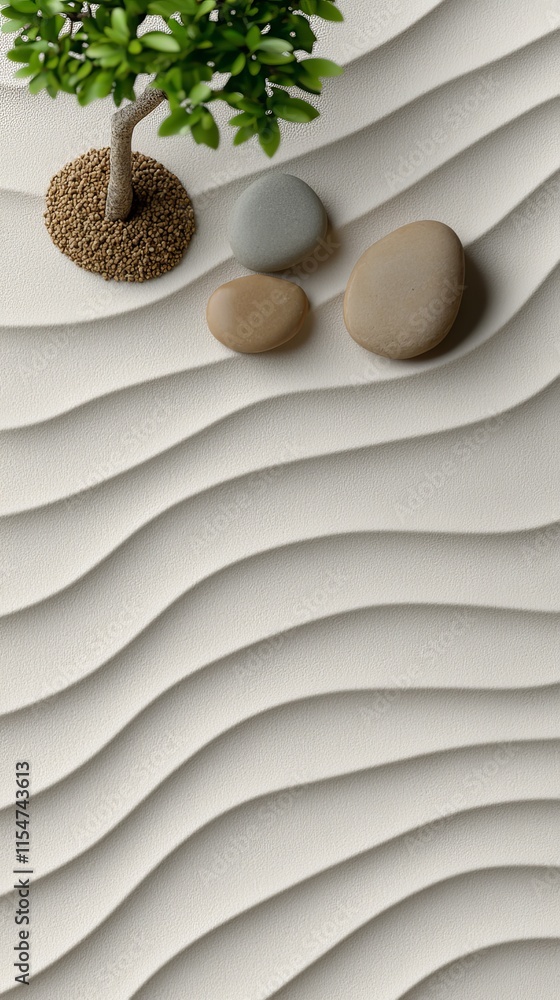 Serene scene with a small tree and stones on textured sand waves. Serene scene with a small tree and stones on textured sand waves.