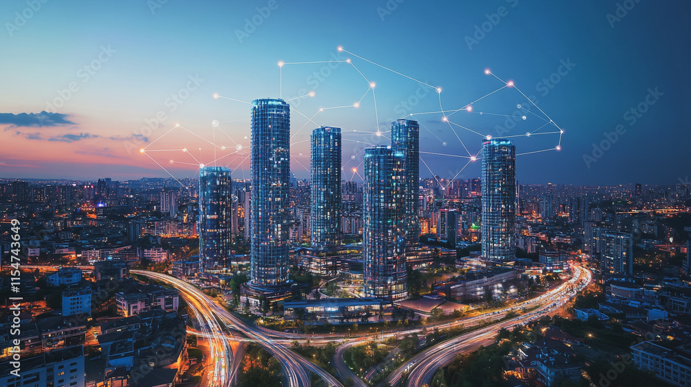 Fototapeta premium Smart digital Innovation city with connection network reciprocity over the cityscape. of future smart wireless city and social media networking systems that connects business people with in city