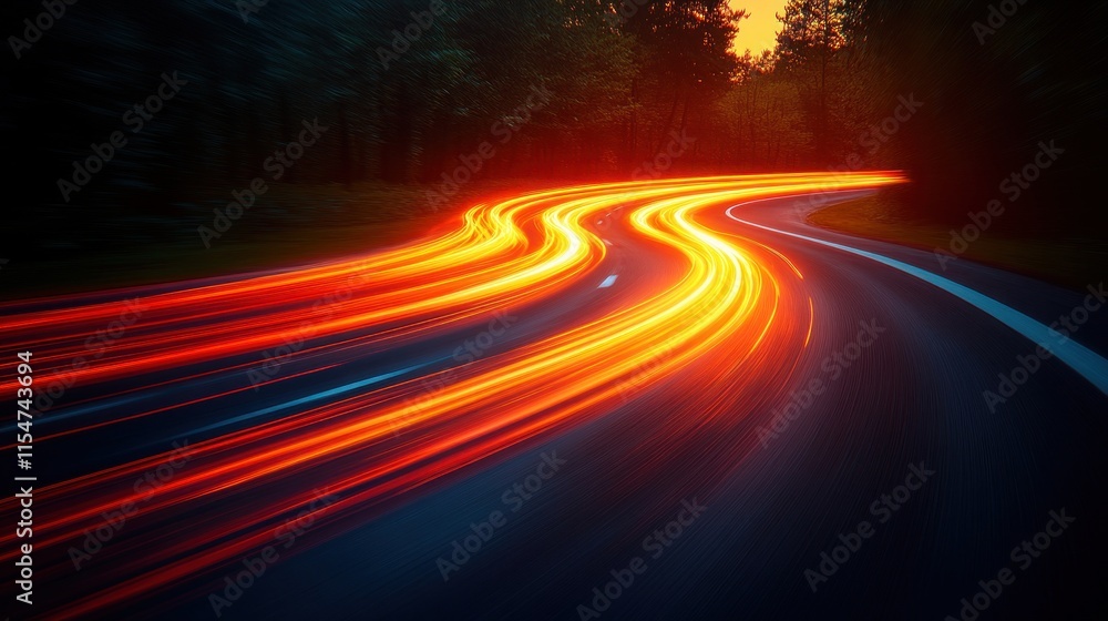 Night road with light trails of a fast moving car. Night road with light trails of a fast moving car.