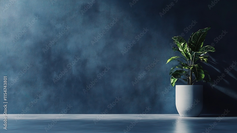 Dark Blue Plain Wall Background with Subtle Textures and Plant Dark Blue Plain Wall Background with Subtle Textures and Plant
