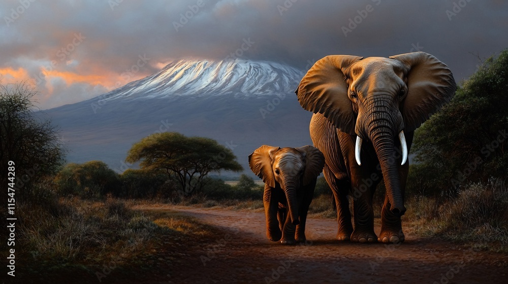 Fototapeta premium Majestic Elephants Walking Towards the Kilimanjaro at Sunset