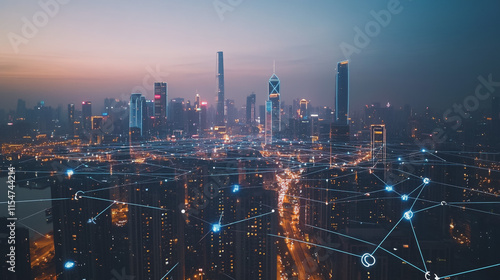 Wallpaper Mural Smart digital Innovation city with connection network reciprocity over the cityscape. of future smart wireless city and social media networking systems that connects business people with in city Torontodigital.ca