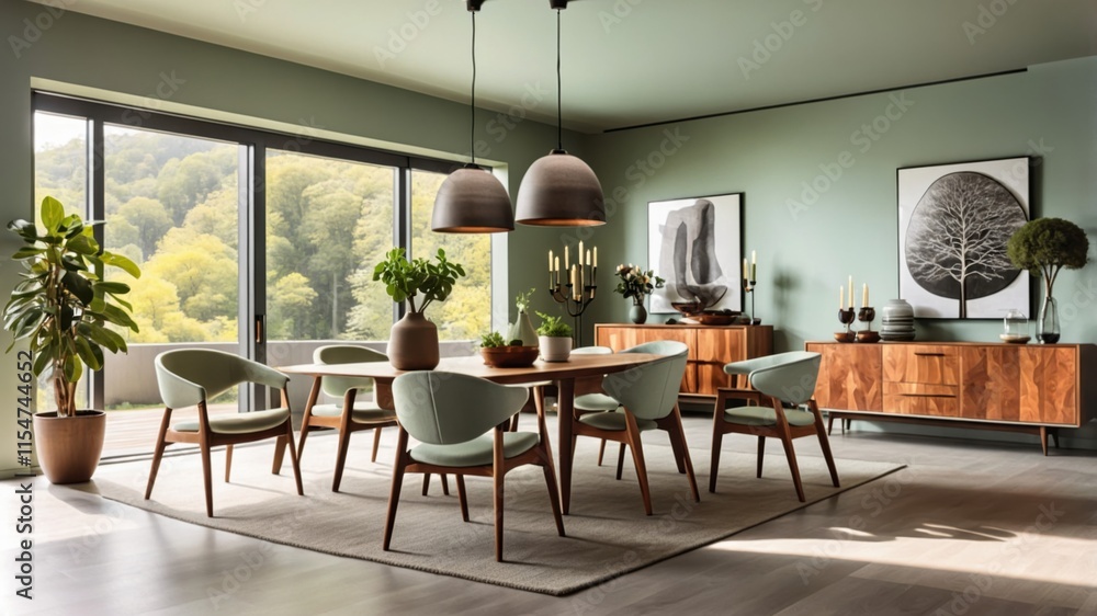 Mid-century modern living room, sage green walls, floor-to-ceiling windows, natural light, wooden ceiling, pendant light, green velvet sofa, leather armchair, houseplants, area rug, coffee table, retr Mid-century modern living room, sage green walls, floor-to-ceiling windows, natural light, wooden ceiling, pendant light, green velvet sofa, leather armchair, houseplants, area rug, coffee table, retr