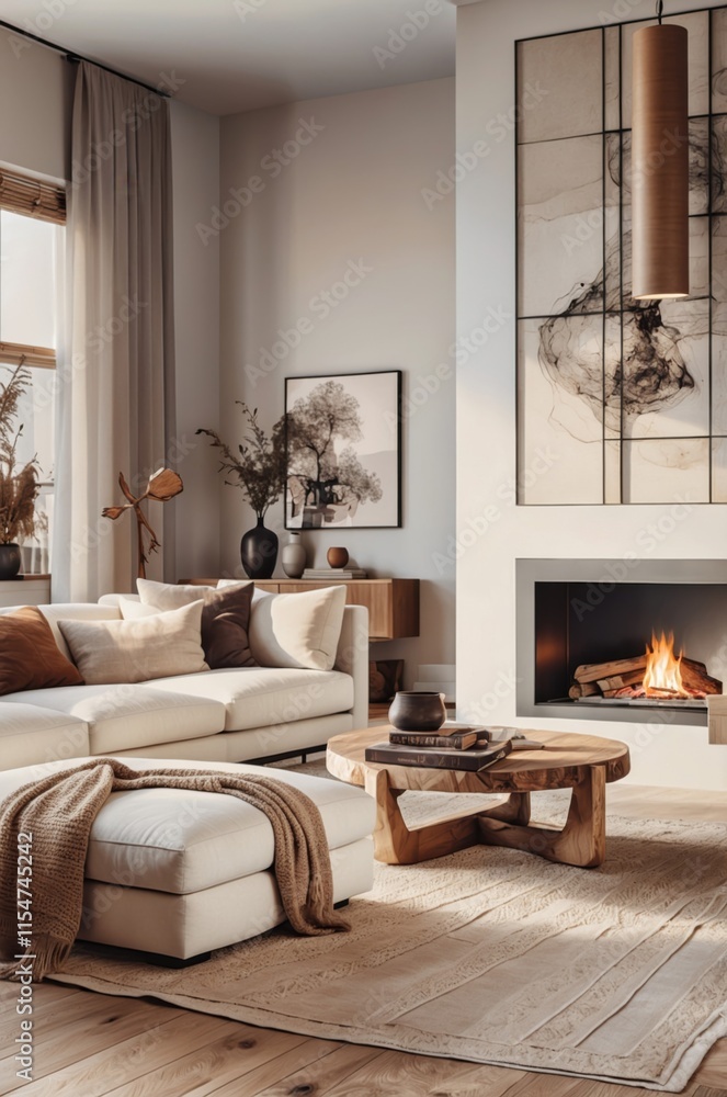 Fototapeta premium cozy living room, modern rustic interior, neutral color palette, white sofa, wooden coffee table, fireplace, large windows, sheer curtains, potted plant, abstract wall art, textured throw pillows, war