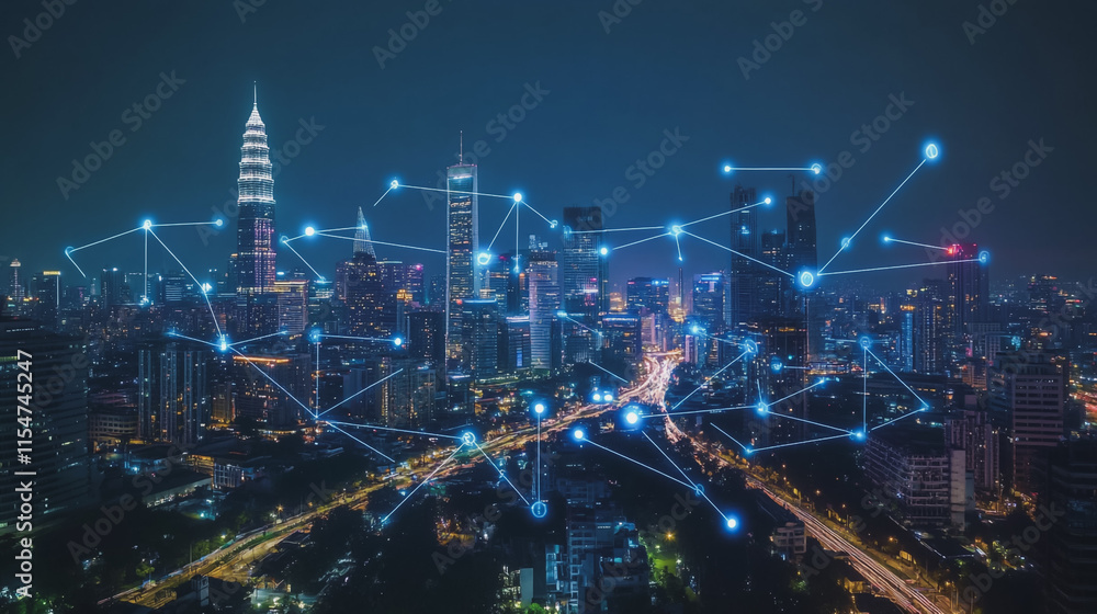 Fototapeta premium Smart digital Innovation city with connection network reciprocity over the cityscape. of future smart wireless city and social media networking systems that connects business people with in city