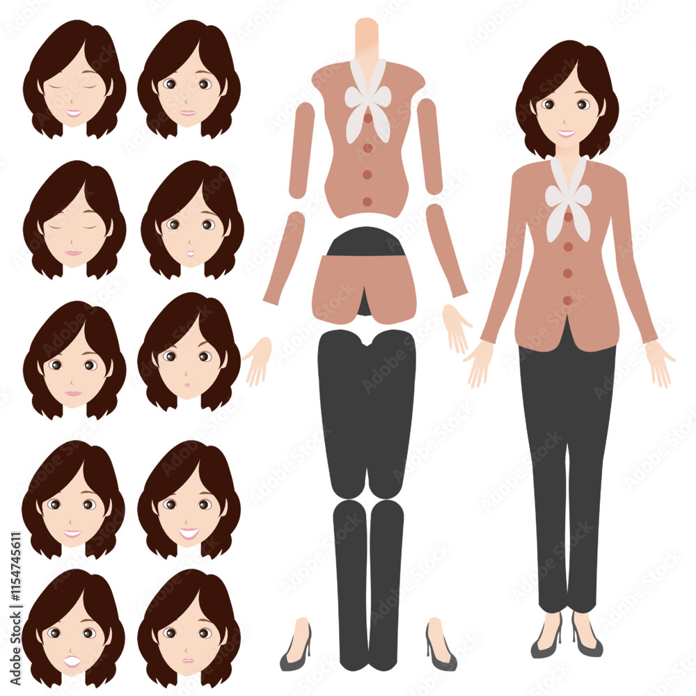 【シンプルな人物イラストセット 全身 受付風の女性02】キャラクターは各パーツがレイヤーで構成されていて自由にポーズを付けることができます。また、表情も10パターンあり口を動かしたり瞬きすることもできます。A set of human face, arm, and body parts that can be used in animations and illustrations. 【シンプルな人物イラストセット 全身 受付風の女性02】キャラクターは各パーツがレイヤーで構成されていて自由にポーズを付けることができます。また、表情も10パターンあり口を動かしたり瞬きすることもできます。A set of human face, arm, and body parts that can be used in animations and illustrations.