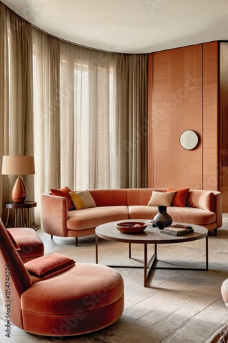 Luxurious circular living room, Curved white sofa, Large round ottoman, Terracotta walls, Curved ceiling, Floor-to-ceiling curtains, Accent armchair, Warm color palette, Potted plant, Modern interior 