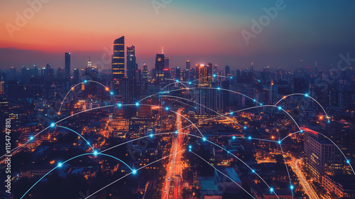 Smart digital Innovation city with connection network reciprocity over the cityscape. of future smart wireless city and social media networking systems that connects business people with in city