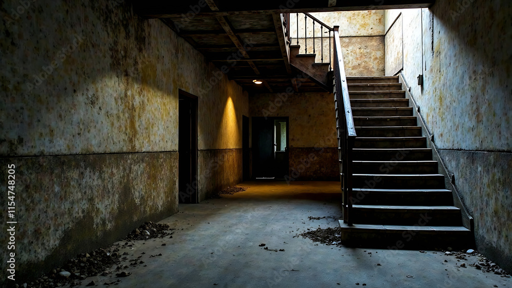 Obraz premium empty basement in abandoned old industrial building with little light and a wooden stairs new image 