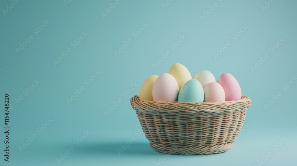 Colorful Pastel Eggs in a Woven Basket on a Soft Blue Background Colorful Pastel Eggs in a Woven Basket on a Soft Blue Background