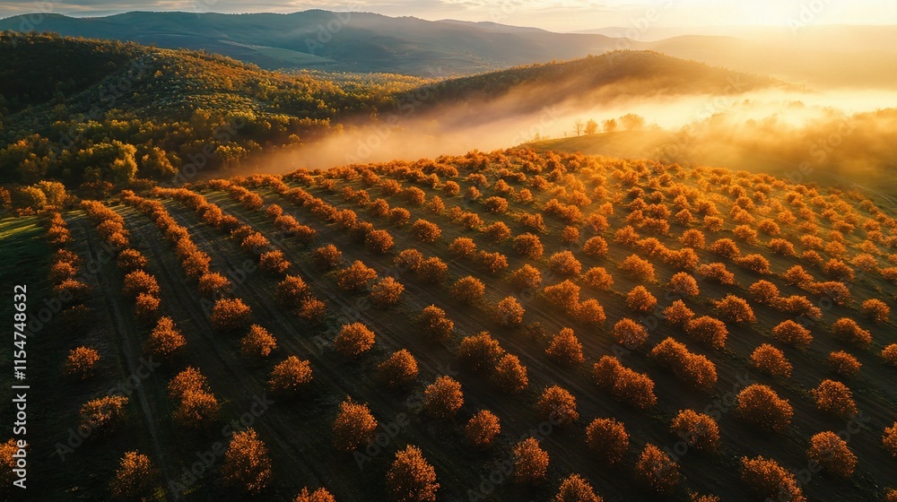 Fototapeta premium Aerial View of Beautiful Orange Trees on Hill with Mountain Background