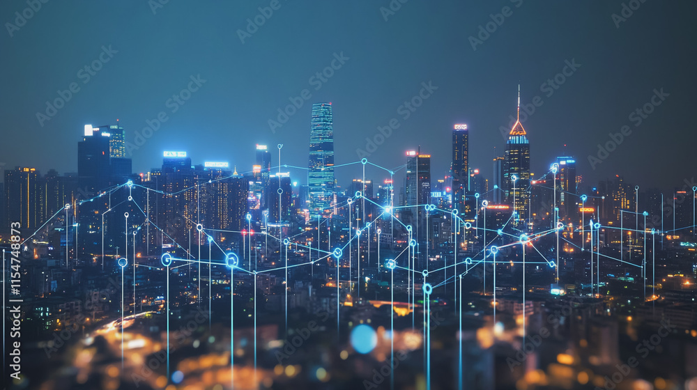 Fototapeta premium Smart digital Innovation city with connection network reciprocity over the cityscape. of future smart wireless city and social media networking systems that connects business people with in city