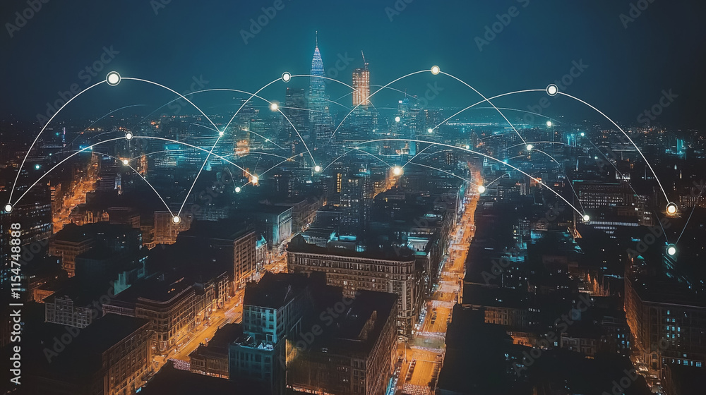 Obraz premium Smart digital Innovation city with connection network reciprocity over the cityscape. of future smart wireless city and social media networking systems that connects business people with in city