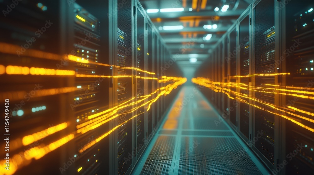 Sleek server room with glowing data streams. Illustrates high-speed data transfer and modern technology. Sleek server room with glowing data streams. Illustrates high-speed data transfer and modern technology.