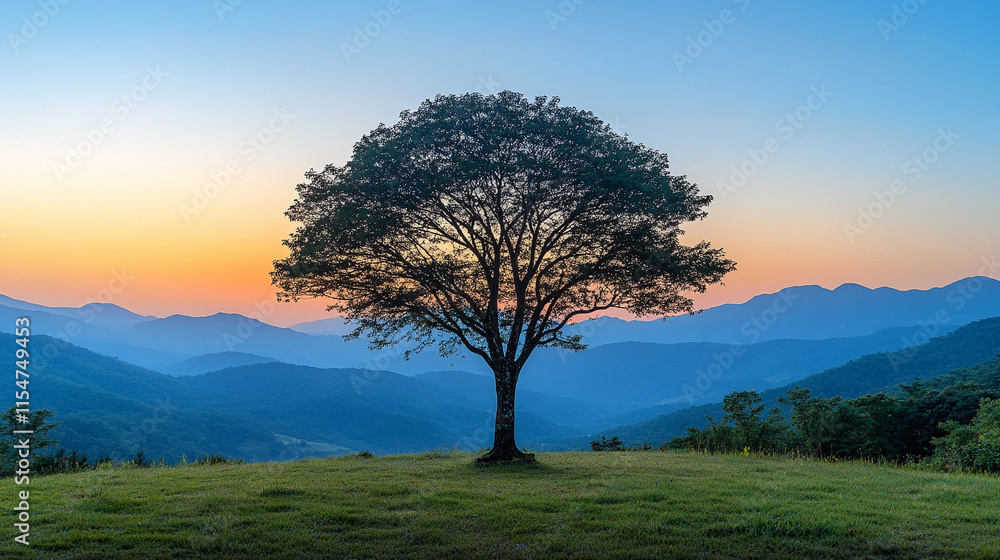 Obraz premium A lone tree silhouette stands against a calm and clear evening sky symbolizing solitude, resilience, and the beauty of nature's quiet moments