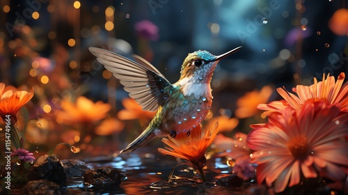 Hummingbird hovering over orange flowers in a magical garden.