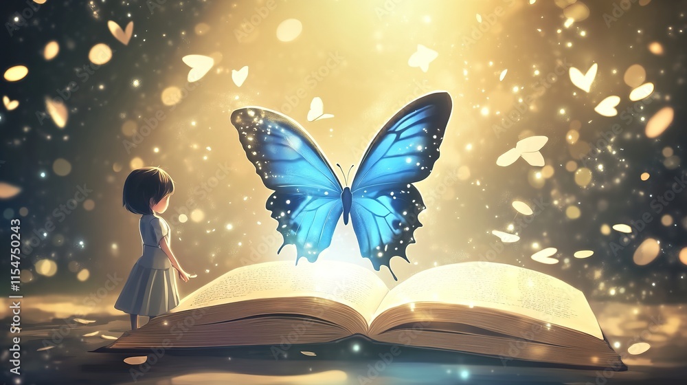 Naklejka premium Enchanting Anime-Style 2D Illustration: A Blue Butterfly Emerges from a Cone of Light onto an Open Magic Book, Captivating a Small Child's Wonder