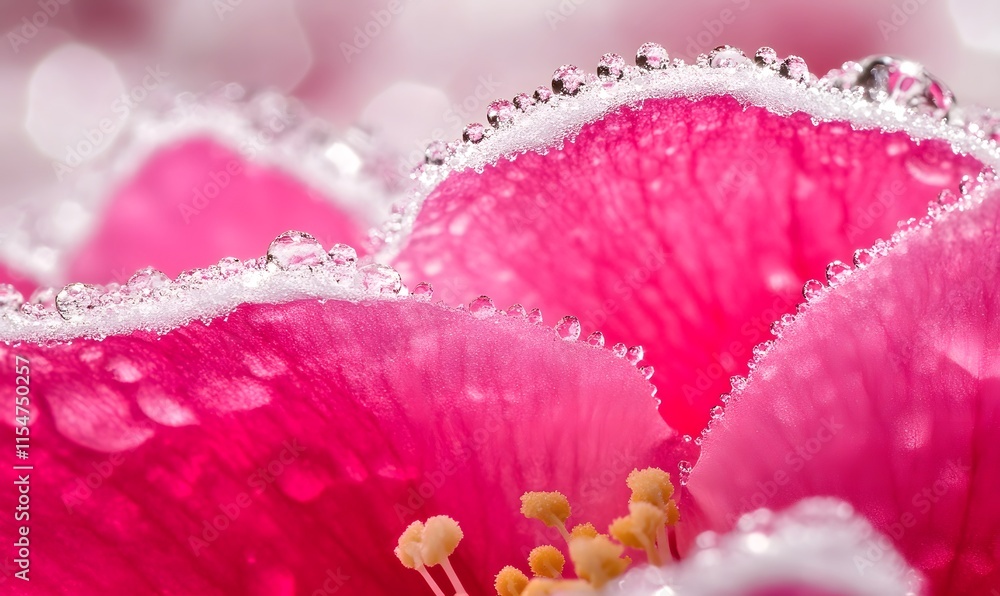 Close-up of pink flower petals with frost and dew drops. Close-up of pink flower petals with frost and dew drops.