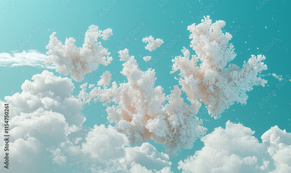 Fototapeta premium Digital clouds float serenely in a turquoise sky, resembling soft, fluffy formations with a whimsical, dreamy aesthetic.